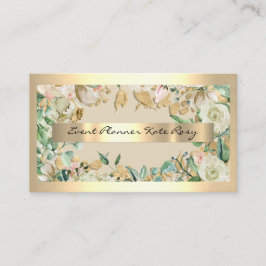 Tarjeta De Visita Floral Mint Green Rosas Gold Event Planner Beauty