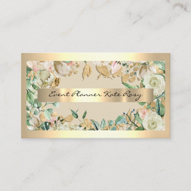 Tarjeta De Visita Floral Mint Green Rosas Gold Event Planner Beauty (Anverso)
