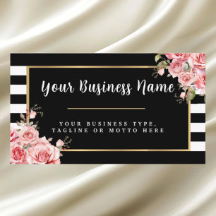 Tarjeta De Visita Floral moderna en blanco y negro a rayas