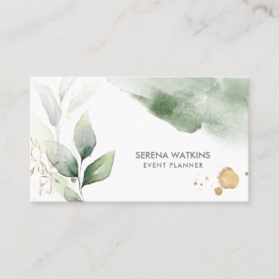 Tarjeta De Visita Floral moderna hojas verde acuarela oro
