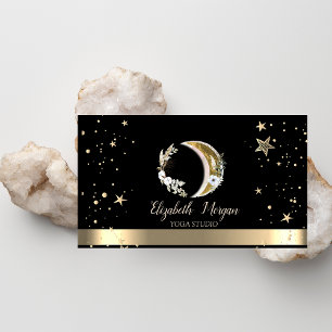 Tarjeta De Visita Floral Moon Gold Stars Black Yoga Studio
