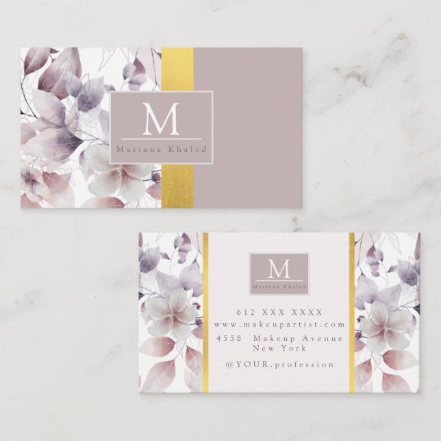 Tarjeta De Visita Floral Morado y dorado naturaleza nombre de monogr (Anverso / Reverso)