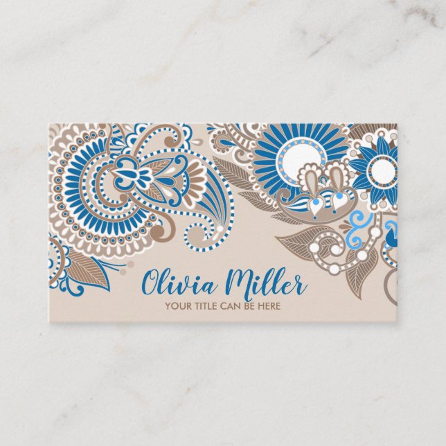 Tarjeta De Visita Floral Paisley Ornament Pastel Beige y Azul (Anverso)