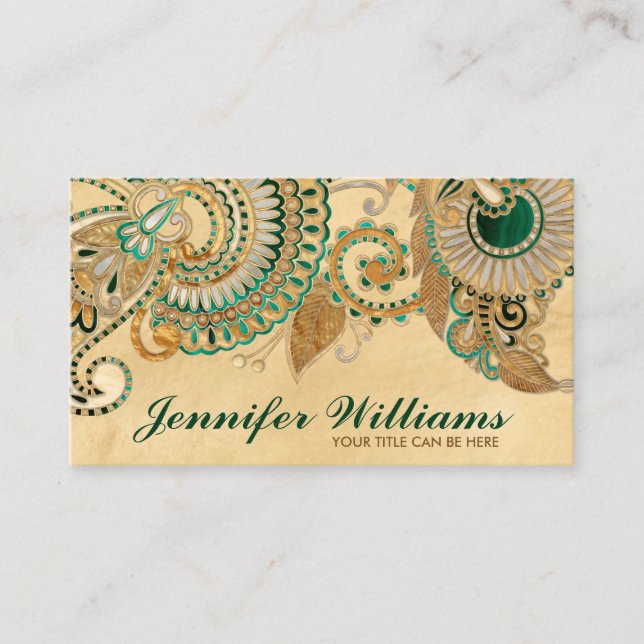Tarjeta De Visita Floral Paisley Ornamite Malachite y Oro (Anverso)