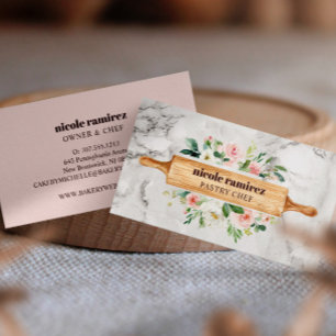 Tarjeta De Visita Floral Panadería Rolling Pin Patisserie de mármol