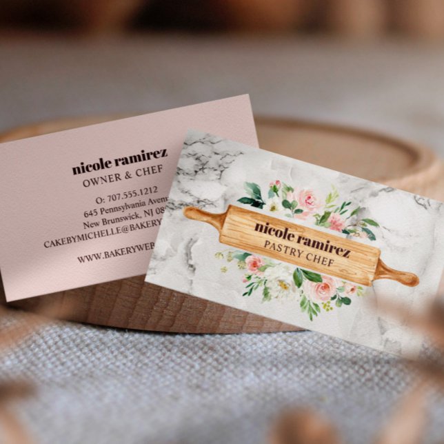 Tarjeta De Visita Floral Panadería Rolling Pin Patisserie de mármol  (Subido por el creador)