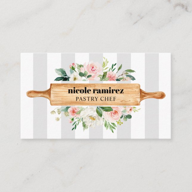 Tarjeta De Visita Floral Panadería Rolling Pin Redes sociales de pas (Anverso)
