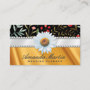 Tarjeta De Visita Floral Perlas y drenaje de seda dorada
