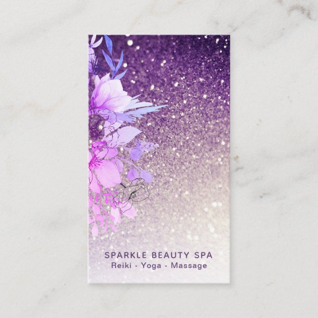 Tarjeta De Visita *~* Floral Purple Ombre Purpurina Beauty Spa (Anverso)