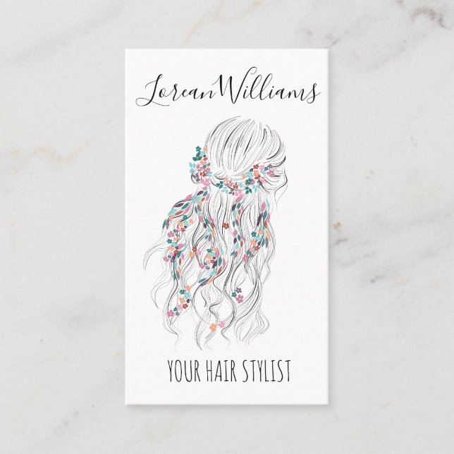 Tarjeta De Visita Floral QR estilo cabello estilo pelo ondulado blan (Anverso)