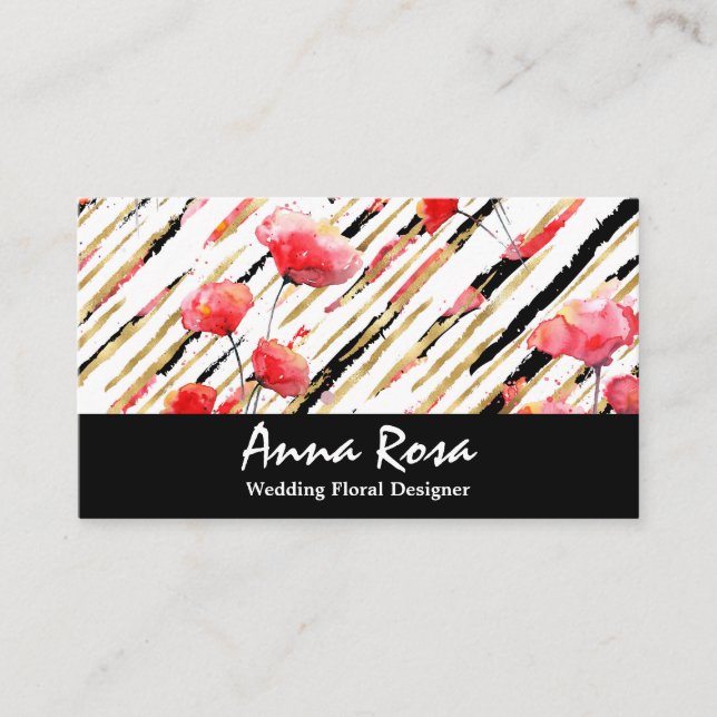 Tarjeta De Visita *~* Floral Red Poppy Purpurina Negro Relieve metal (Anverso)