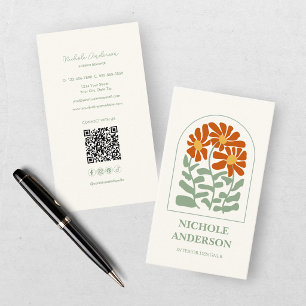 Tarjeta De Visita Floral Retro de Naranja Quemada y Verde