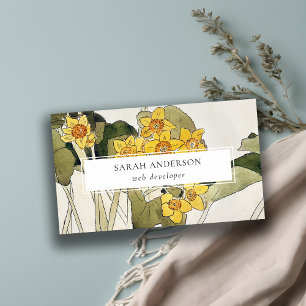 Tarjeta De Visita Floral retro elegante Rústico Amarillo Verde Daffo