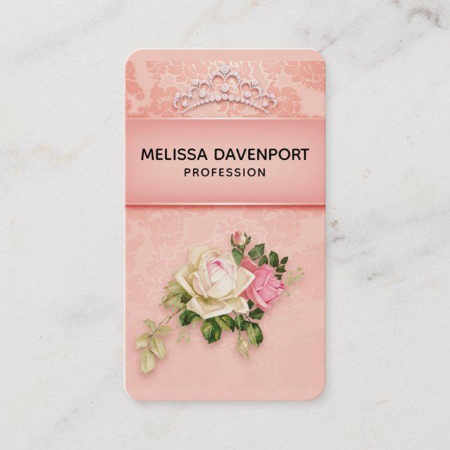 Tarjeta De Visita Floral rosa con diseño de princesa Diamond Tiara (Anverso)