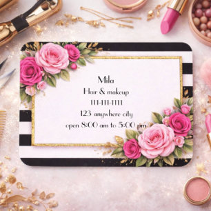 Tarjeta De Visita floral rosa con raya negra y blanca