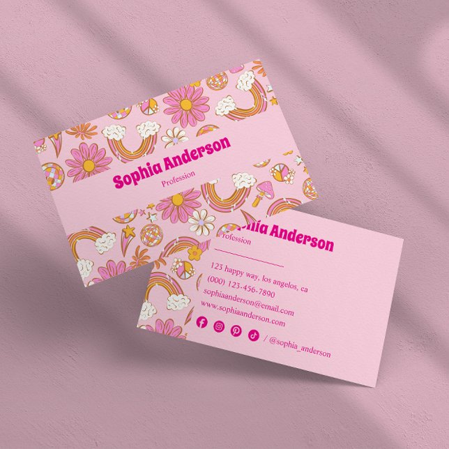 Tarjeta De Visita Floral rosa Groovy y arcoiris retro 70 (Subido por el creador)