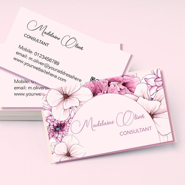 Tarjeta De Visita Floral Rosa Moderno Elegante Feminine QR Code Gold (Subido por el creador)