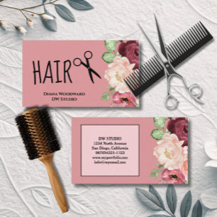 Tarjeta de visita floral rosa para peluquero