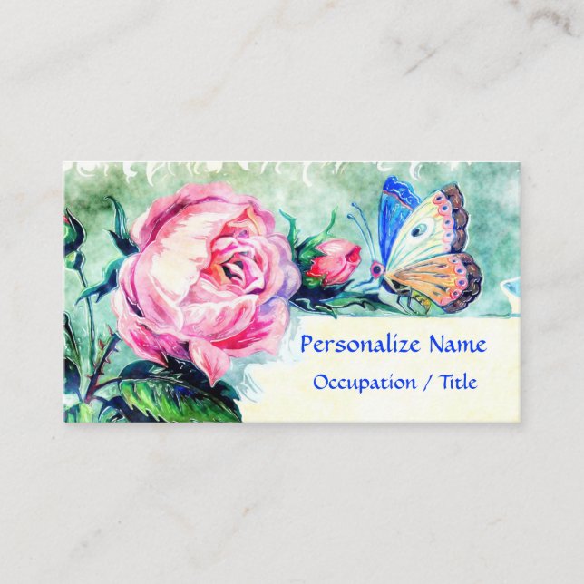 Tarjeta De Visita Floral rosa rosa mariposa acuática (Anverso)