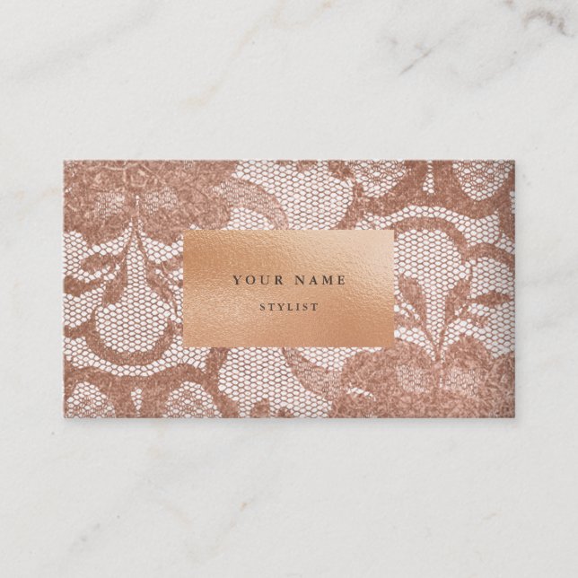 Tarjeta De Visita Floral Rosa Rosa Oro Lace Blanco Vip Glam (Anverso)