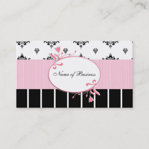 Tarjeta De Visita Floral rosado elegante del damasco blanco y negro