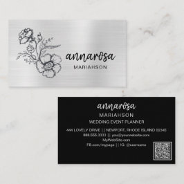 Tarjeta De Visita *~* Floral Silver QR LOGO FOTO Flor elegante
