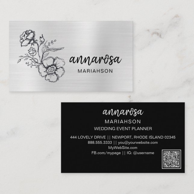 Tarjeta De Visita *~* Floral Silver QR LOGO FOTO Flor elegante  (Anverso / Reverso)