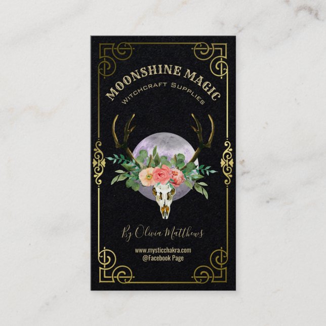 Tarjeta De Visita Floral Skull Y Moon Black Witchcraft (Anverso)