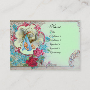 TARJETA DE VISITA FLORAL STORK BABY SHOWER CON ROSAS MONOGRAM