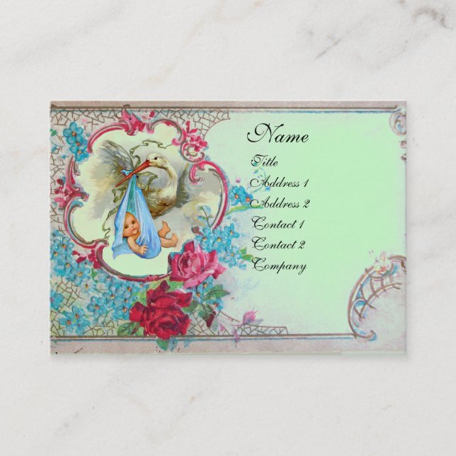 TARJETA DE VISITA FLORAL STORK BABY SHOWER CON ROSAS MONOGRAM (Anverso)