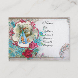 TARJETA DE VISITA FLORAL STORK BABY SHOWER CON ROSAS MONOGRAM