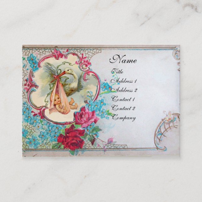 TARJETA DE VISITA FLORAL STORK BABY SHOWER CON ROSAS MONOGRAM (Anverso)