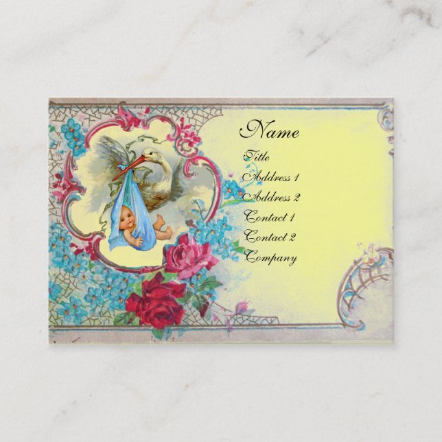 TARJETA DE VISITA FLORAL STORK BABY SHOWER CON ROSAS MONOGRAM (Anverso)