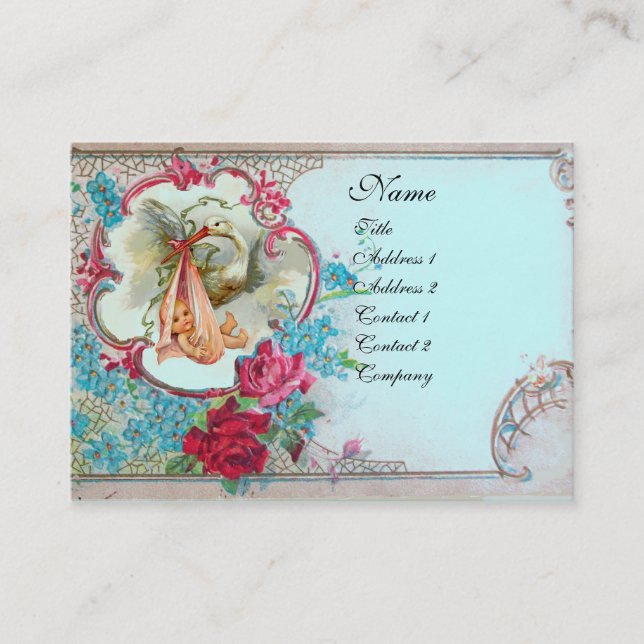 TARJETA DE VISITA FLORAL STORK BABY SHOWER CON ROSAS MONOGRAM (Anverso)