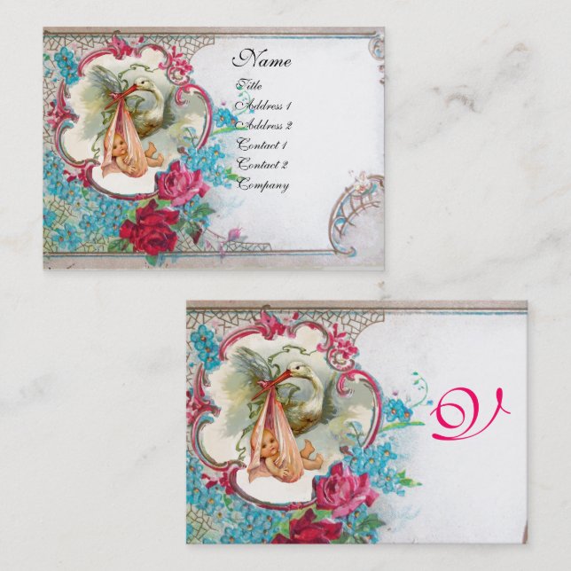 TARJETA DE VISITA FLORAL STORK BABY SHOWER CON ROSAS MONOGRAM (Anverso / Reverso)