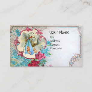 TARJETA DE VISITA FLORAL STORK BABY SHOWER CON ROSAS MONOGRAM