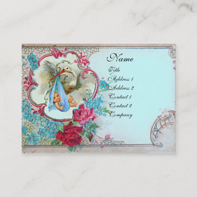 TARJETA DE VISITA FLORAL STORK BABY SHOWER CON ROSAS MONOGRAM (Anverso)