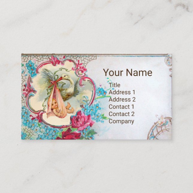 TARJETA DE VISITA FLORAL STORK BABY SHOWER PINK ROSES MONOGRAM (Anverso)