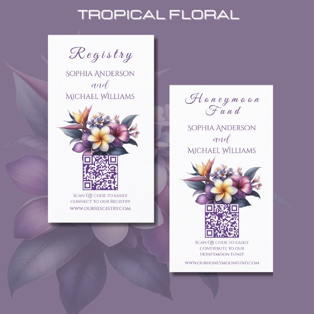 Tarjeta De Visita Floral tropical-Registro-Luna de Miel (Tropical Floral Registry and Honeymoon Fund Card-Beach Wedding-Coastal-Purple)