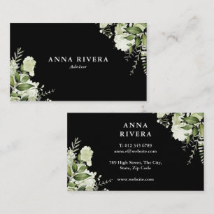 Tarjeta De Visita Floral Verde Acuarela Blanco Y Negro