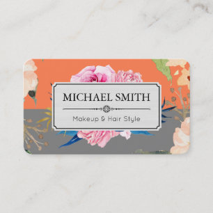 Tarjeta De Visita Floral Vintage Elegante Moderno Gris Coral