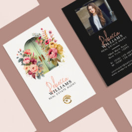 Tarjeta De Visita Floral Watercolor Front Door Real Estate Agent