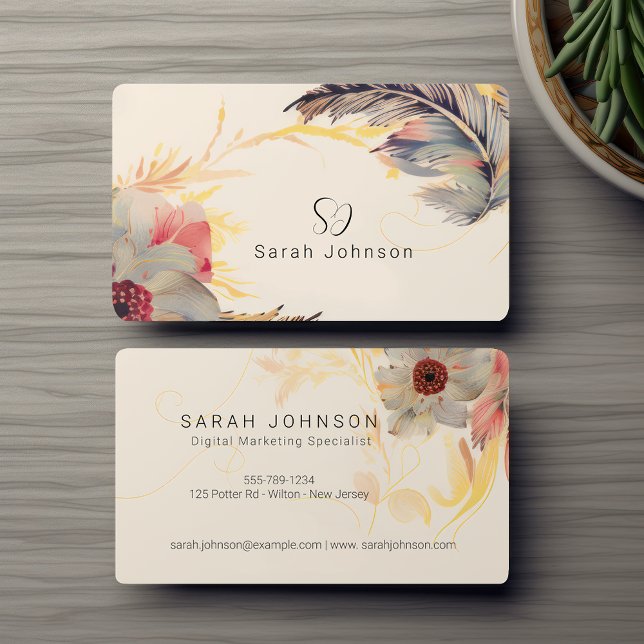 Tarjeta De Visita Floral y pluma bohemias creativas con monograma (Subido por el creador)