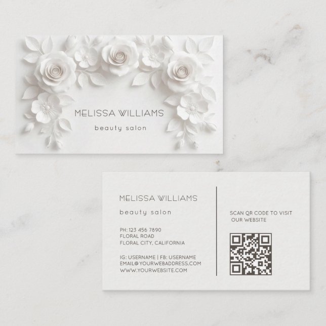 Tarjeta De Visita Flores 3D esculturales blancas (Anverso / Reverso)