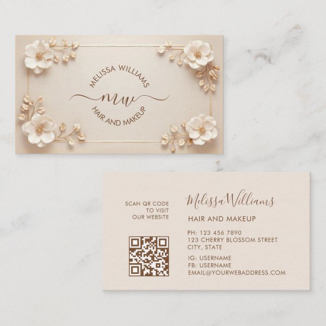 Tarjeta De Visita Flores 3D Iniciales Beige Blanco (Anverso / Reverso)