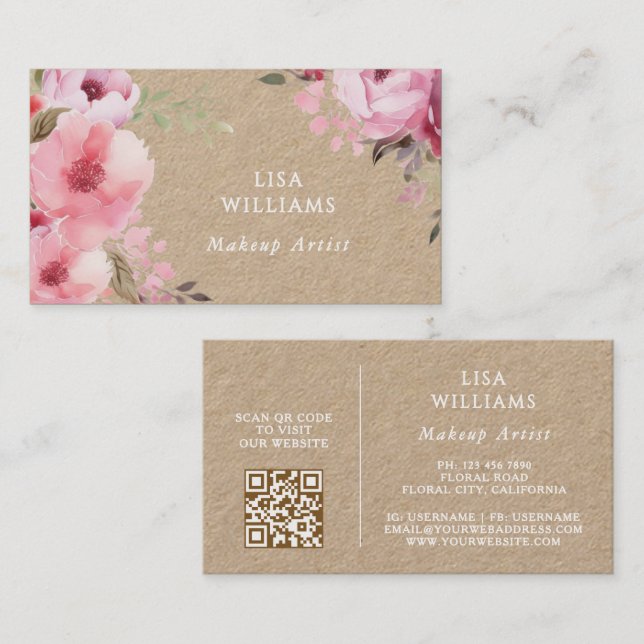 Tarjeta De Visita Flores Acuarela Rosadas Kraft (Anverso / Reverso)