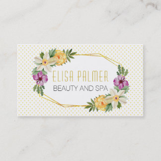 Tarjeta De Visita Flores acuarelas y polígonos dorados florales