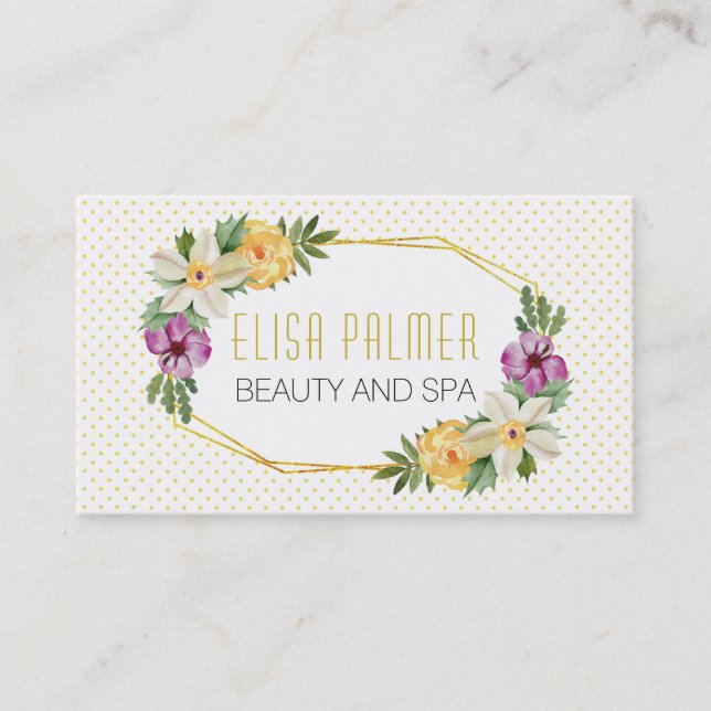 Tarjeta De Visita Flores acuarelas y polígonos dorados florales (Anverso)