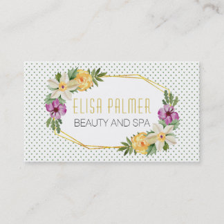 Tarjeta De Visita Flores acuarelas y polígonos dorados florales