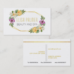 Tarjeta De Visita Flores acuarelas y polígonos dorados florales